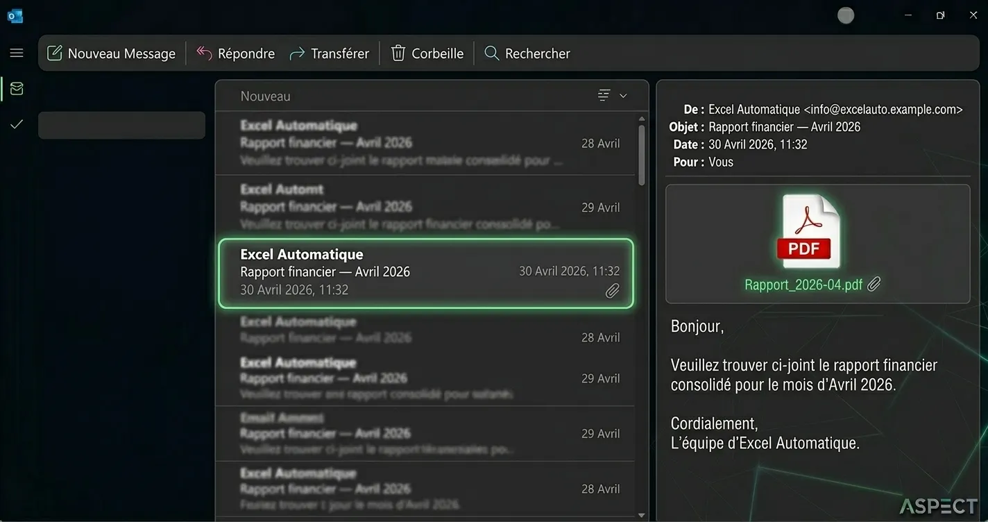 Email Outlook reçu avec objet automatique 'Rapport mensuel Avril 2026' et fichier PDF en pièce jointe généré par Excel