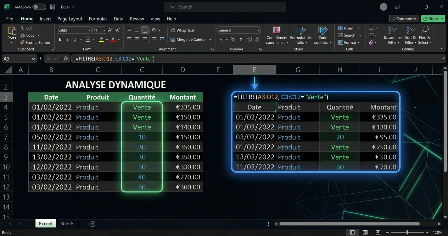 Résultat de la formule FILTRE dans Excel : un tableau dynamique qui se déverse automatiquement dans les cellules adjacentes
