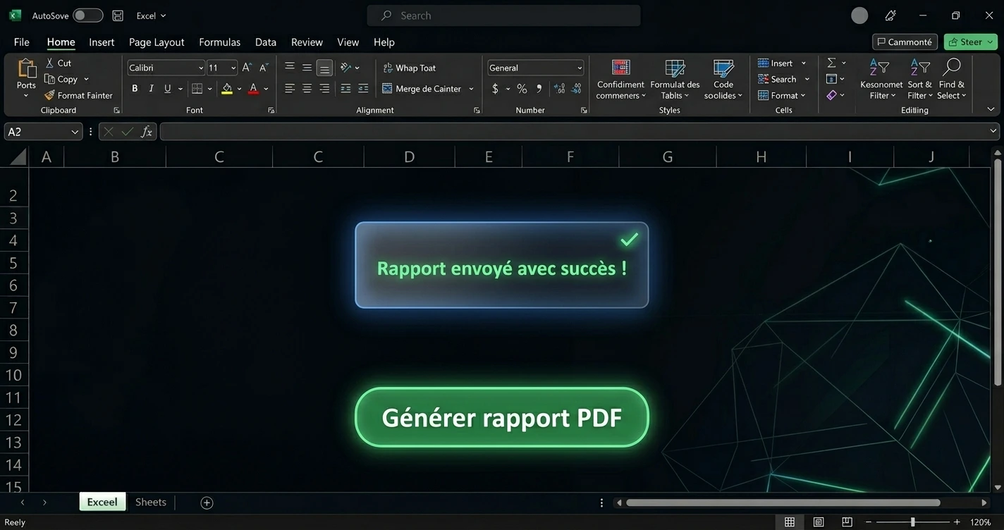 Feuille Excel avec un bouton personnalisé 'Générer rapport PDF' et une boîte de dialogue confirmant l'envoi automatique par email