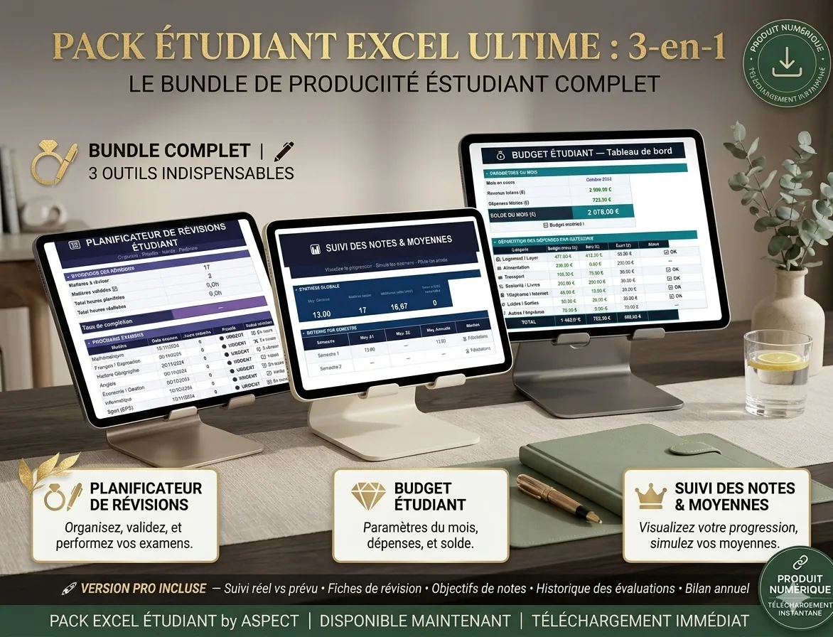 Pack Excel Étudiant Simple Fichier Excel de gestion scolaire ASPECT