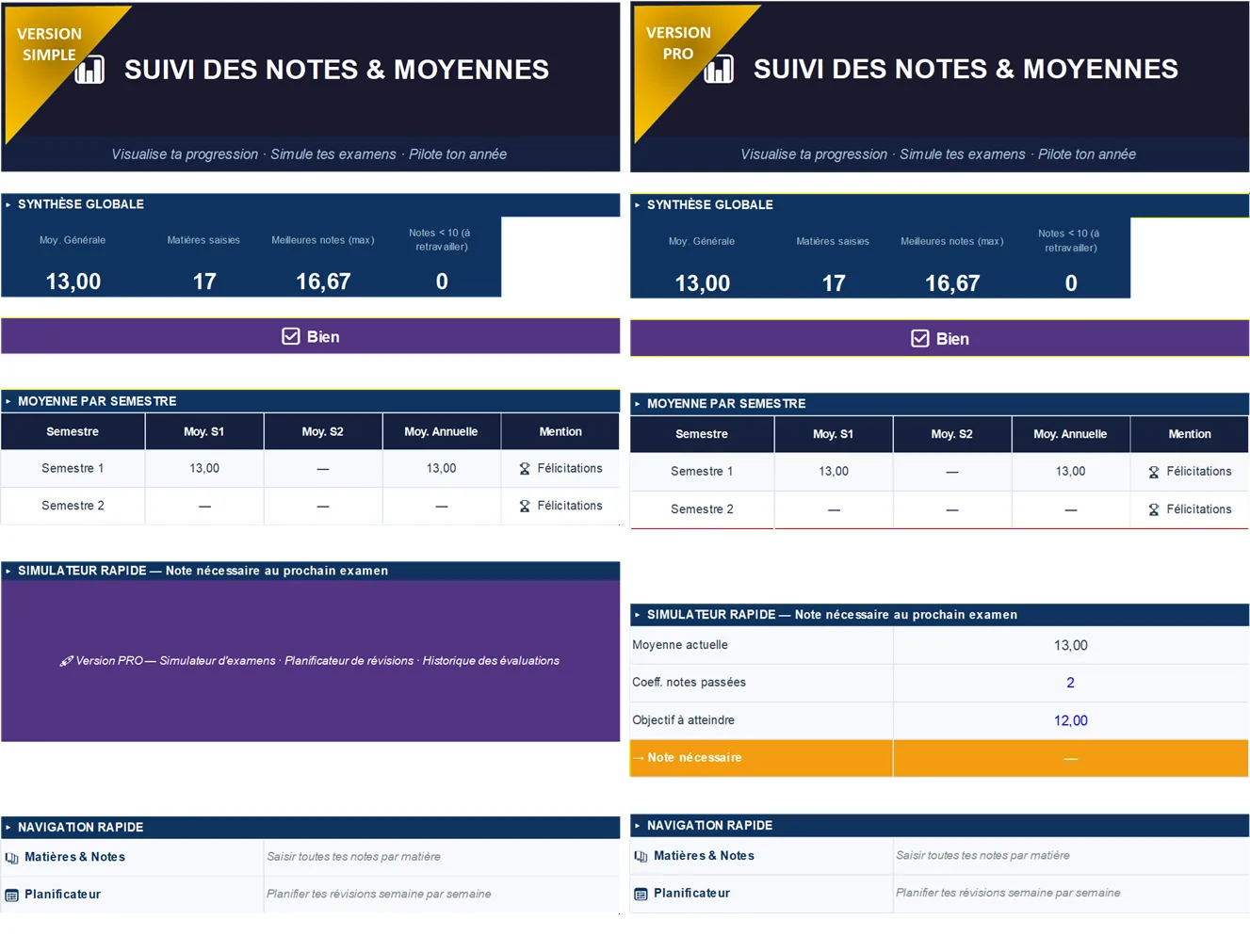 Pack Excel Étudiant Dashboard suivi scolaire et planning automatisé