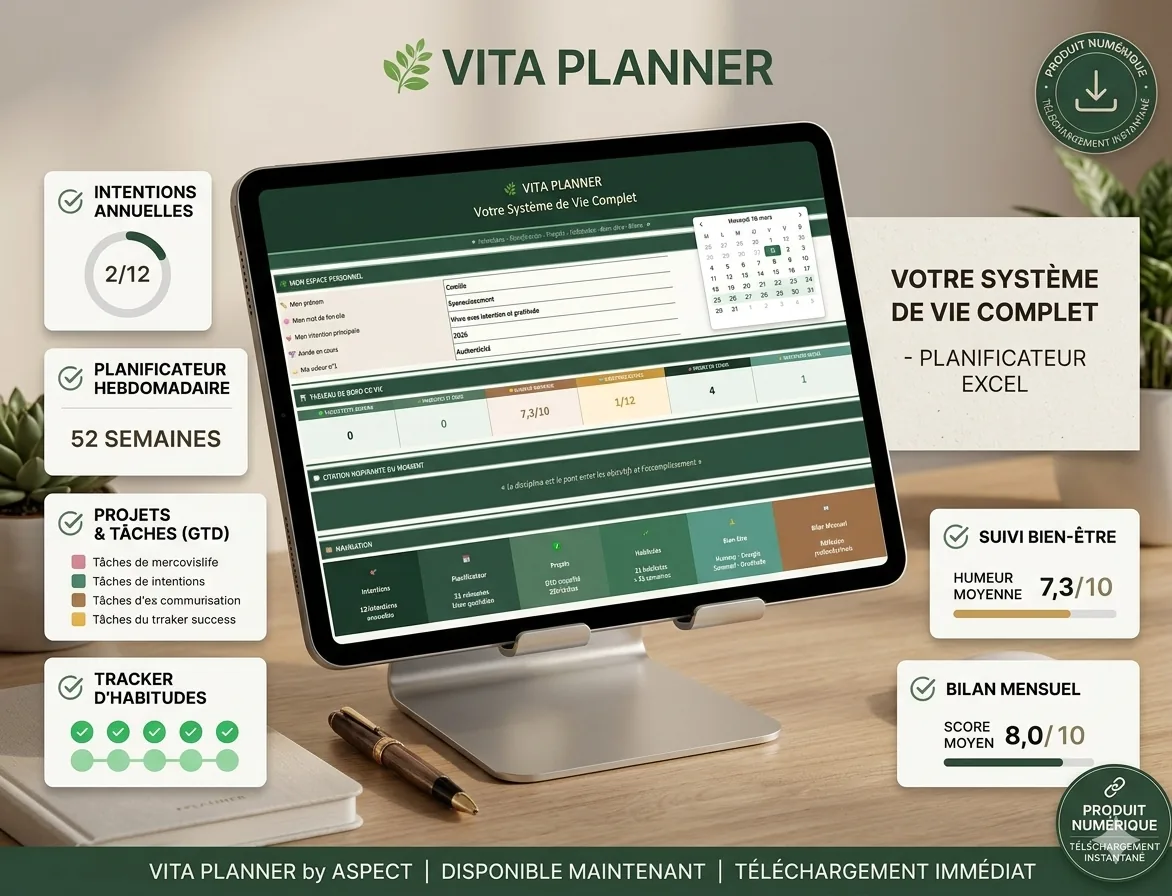 Vita Planner Excel Planificateur de vie objectifs et bien-être personnel