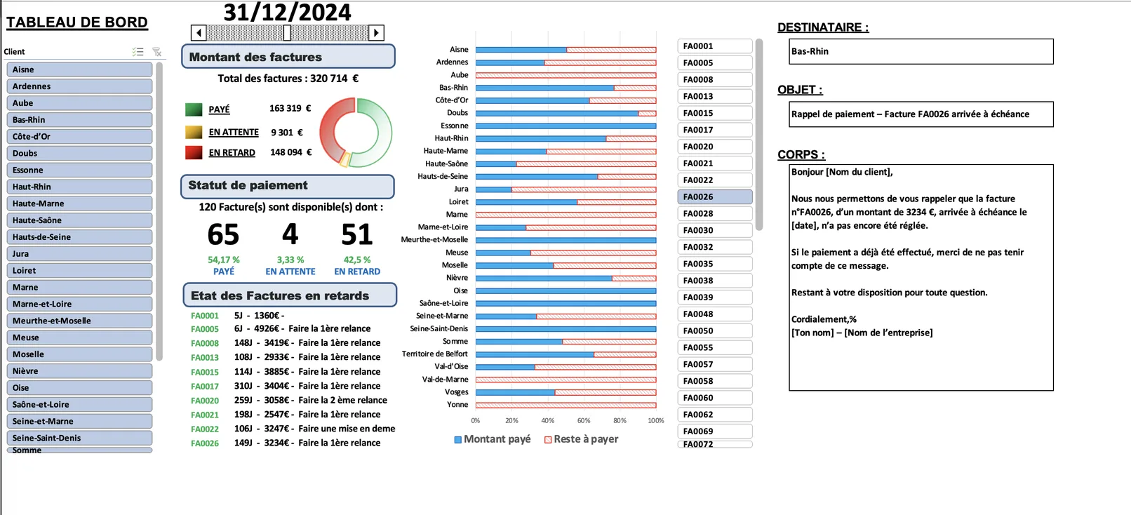 Dashboard Excel facturation automatisée Suivi clients et paiements VBA